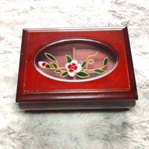 Vintage Flip Up Brown Wooden and Glass With Textured Flower Design Jewelry Box